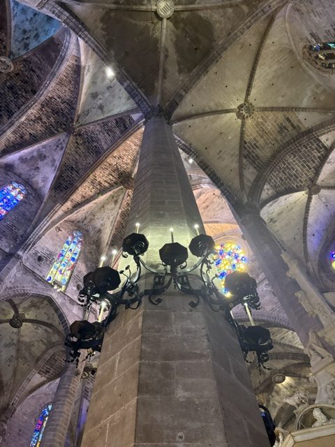 Straight upward view of the cathedral vault: stone ribs radiating from a single column, an iron chandelier, stained glass at the edges