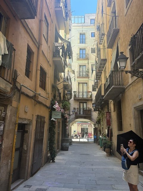 Narrow old-town alley of ochre buildings, iron balconies, hanging plants and a lantern, with a woman photographing under a bright archway
