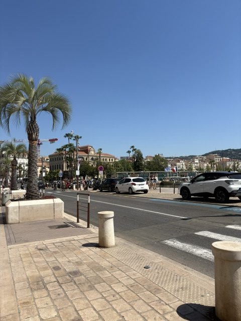 Wide Cannes boulevard with palm trees, crosswalk bollards, parked cars, cream buildings and hills in the distance