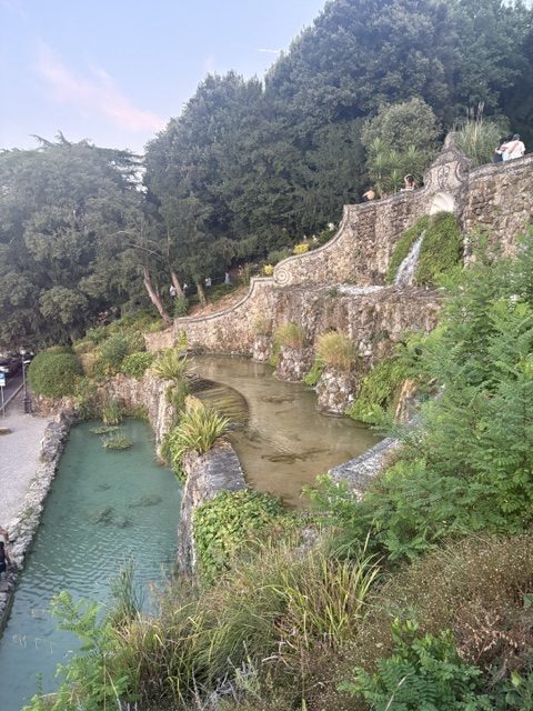 Stone watercourse with green water and small cascades running through an overgrown hillside
