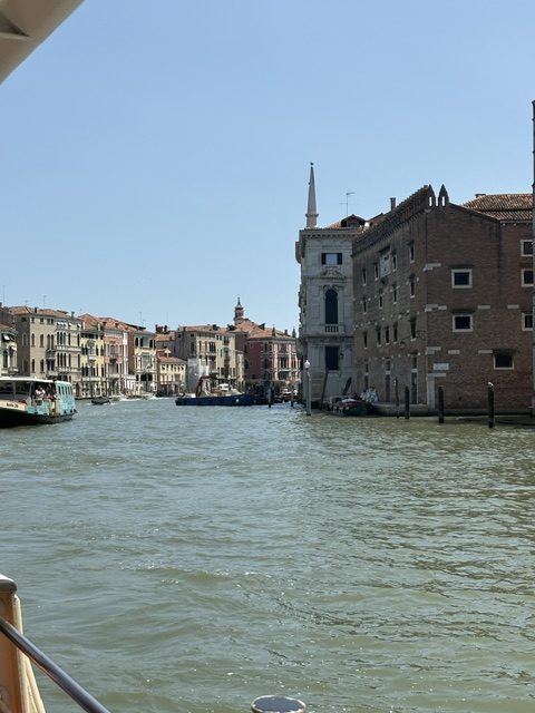 Canal view toward a bell tower